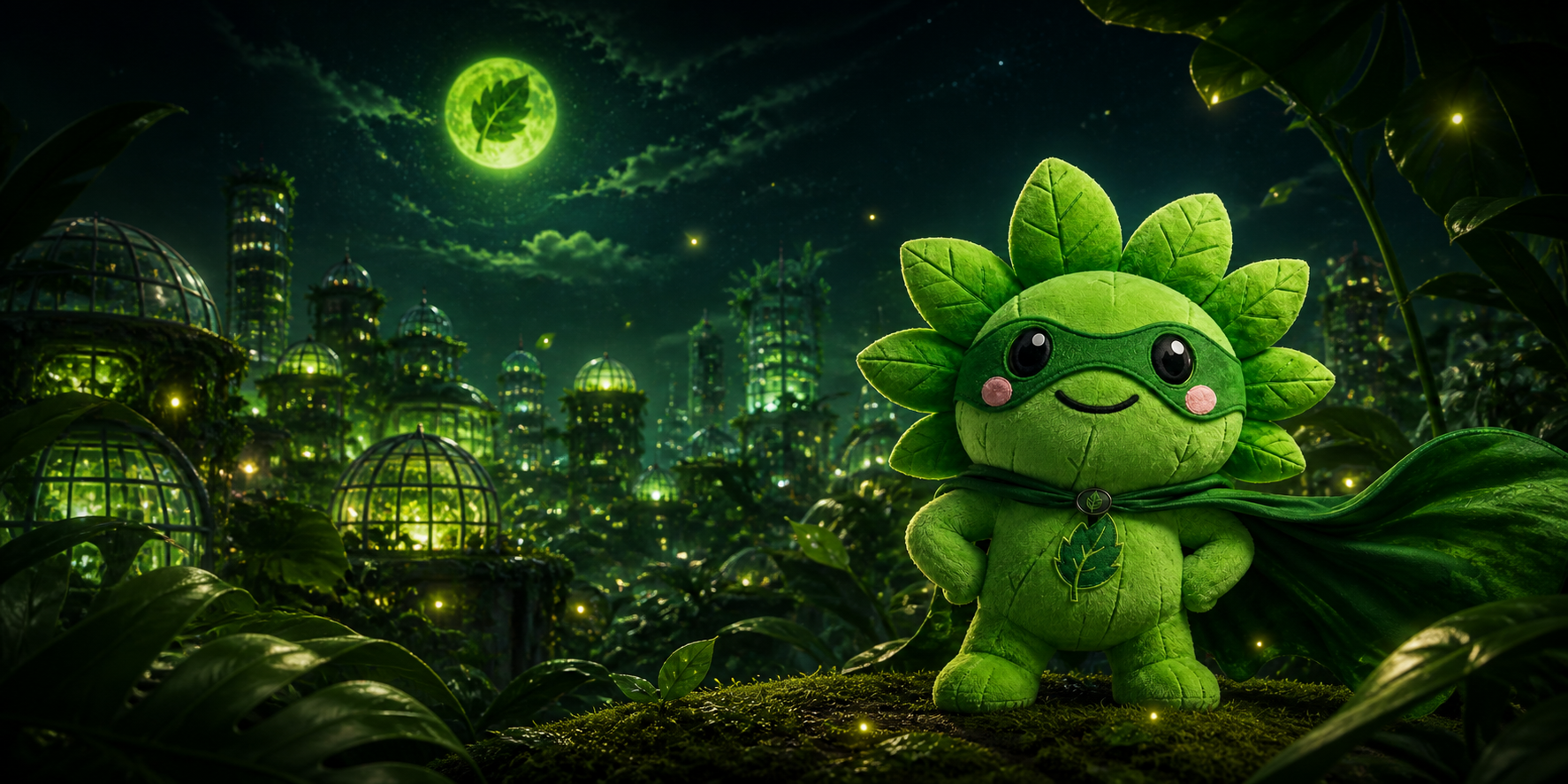 Leafy overlooking a glowing greenhouse city